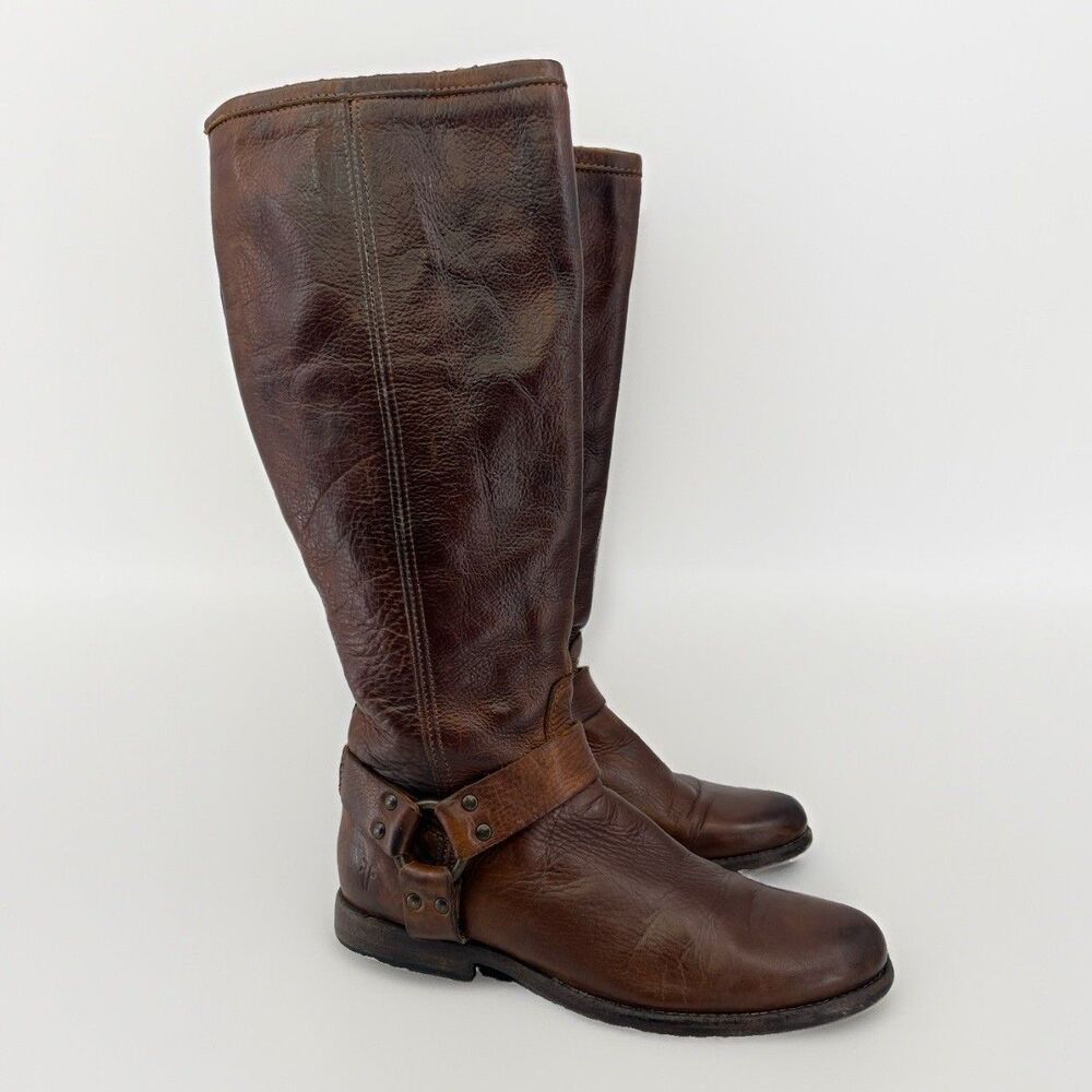 Frye Womens Phillip Harness Tall Brown Leather Tall Zip Boots 8 Cowboycore